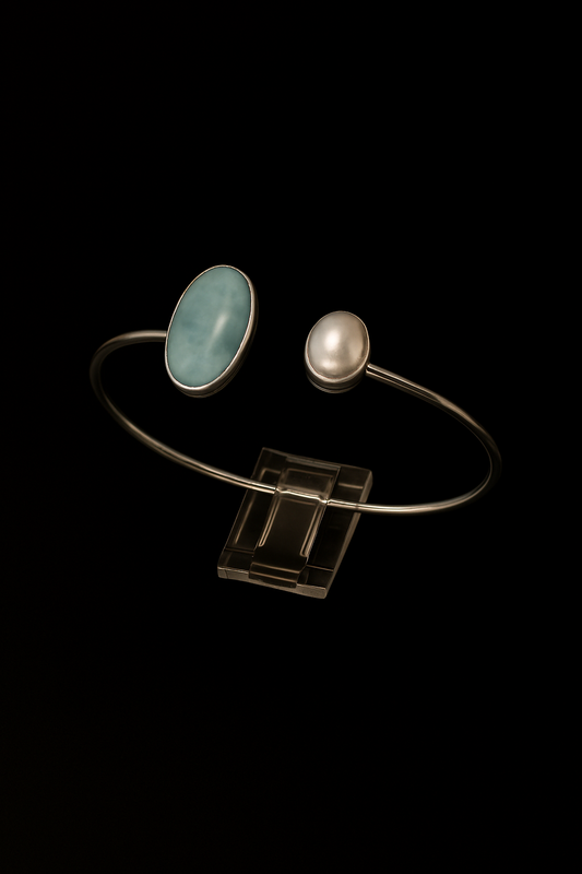Larimar and Pearl Silver Bangle