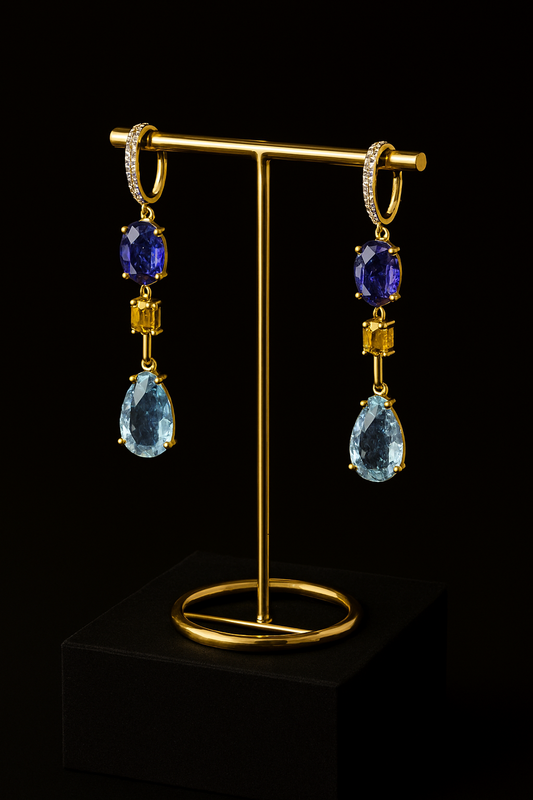 Tanzanite, Sapphire and Aquamarine Gold Earrings