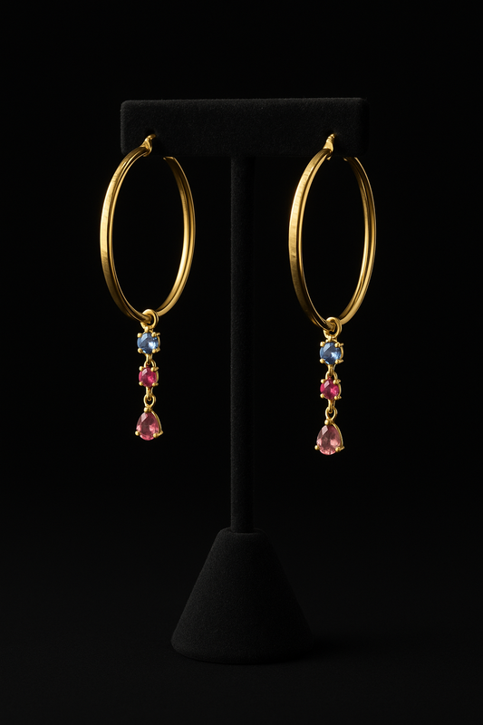 Tricolor Charms and Hoops Gold Earrings