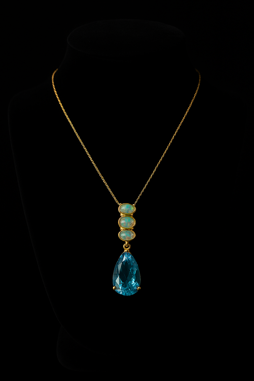 Swiss Blue Topaz Gold Necklace with Opals