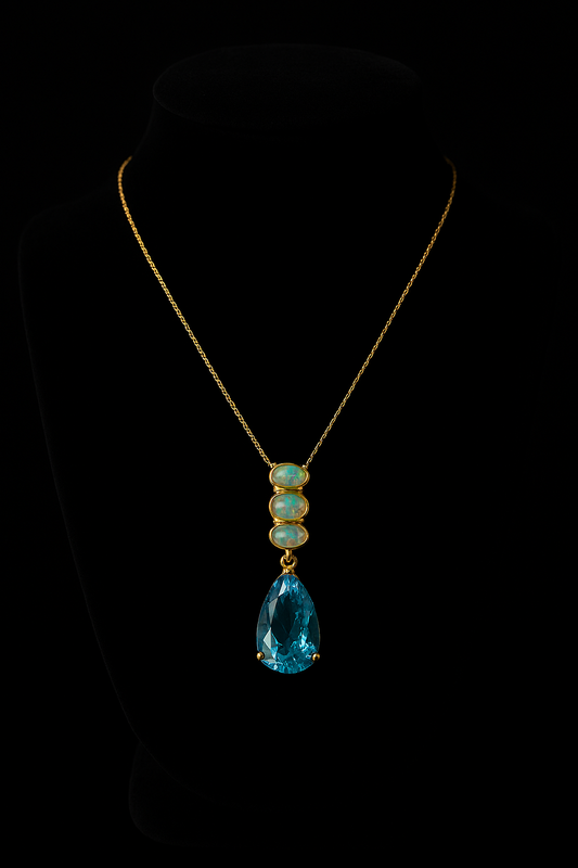 Swiss Blue Topaz Gold Necklace with Opals